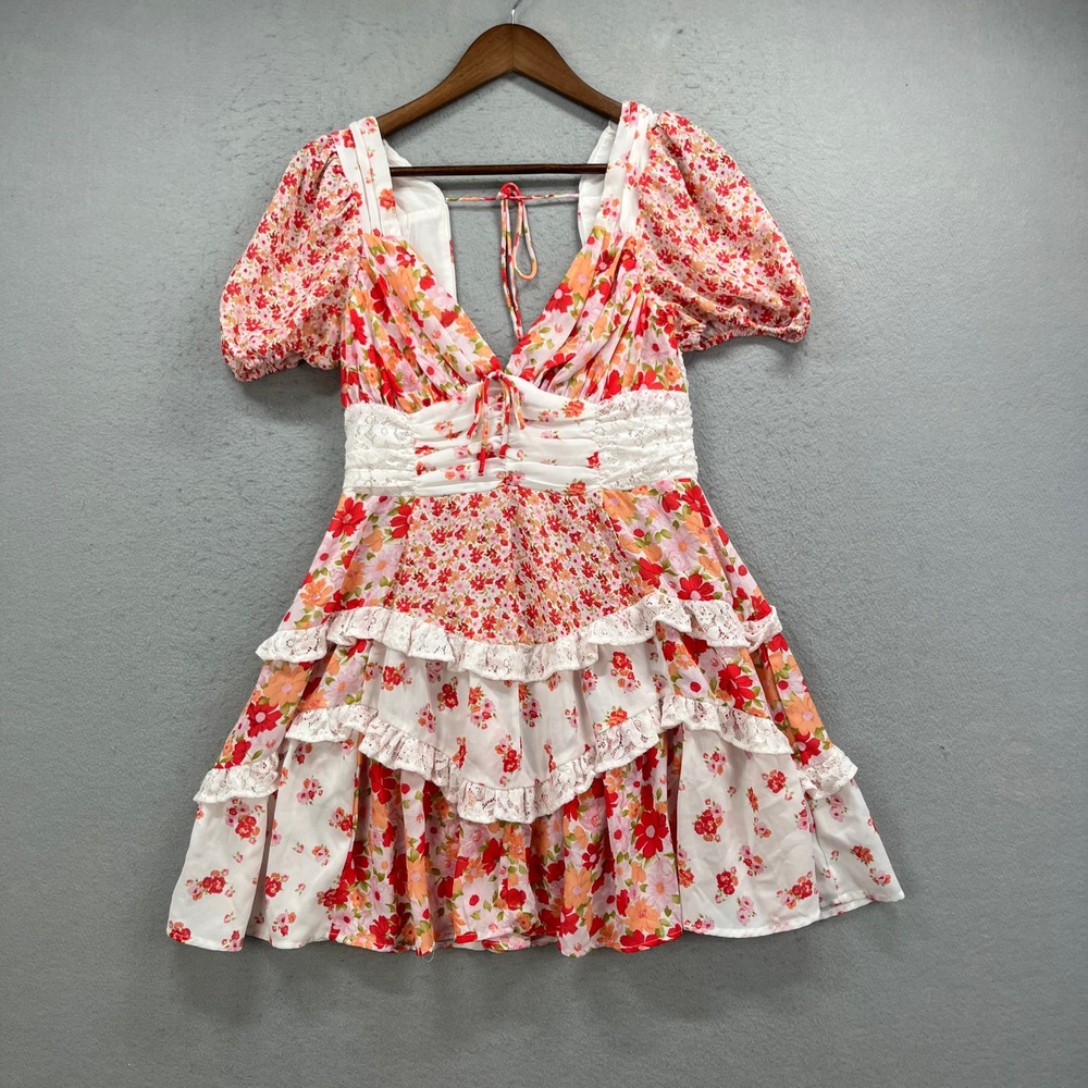 Altard State Mini Dress Women Medium Pink Floral Tiered Ruffle Lace Boho Cottage